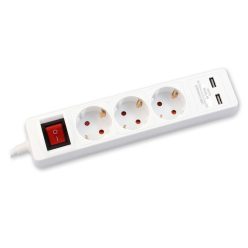   Commel elosztó, hosszabbító 3-as, kapcsolóval, érintésvédelemmel, 2 db USB fehér, 1,4m, 16A, 3500W