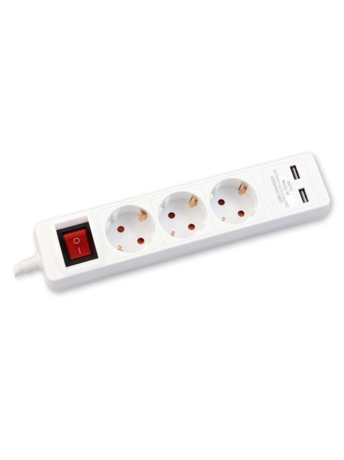 Commel elosztó, hosszabbító 3-as, kapcsolóval, érintésvédelemmel, 2 db USB fehér, 1,4m, 16A, 3500W